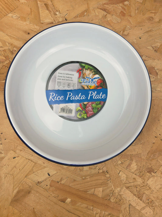 Enamel Rice Pasta Dinner Plate White and Blue Camping Picnic Caravan Enamel Meal Dish Falcon 22cm x 3.5cm