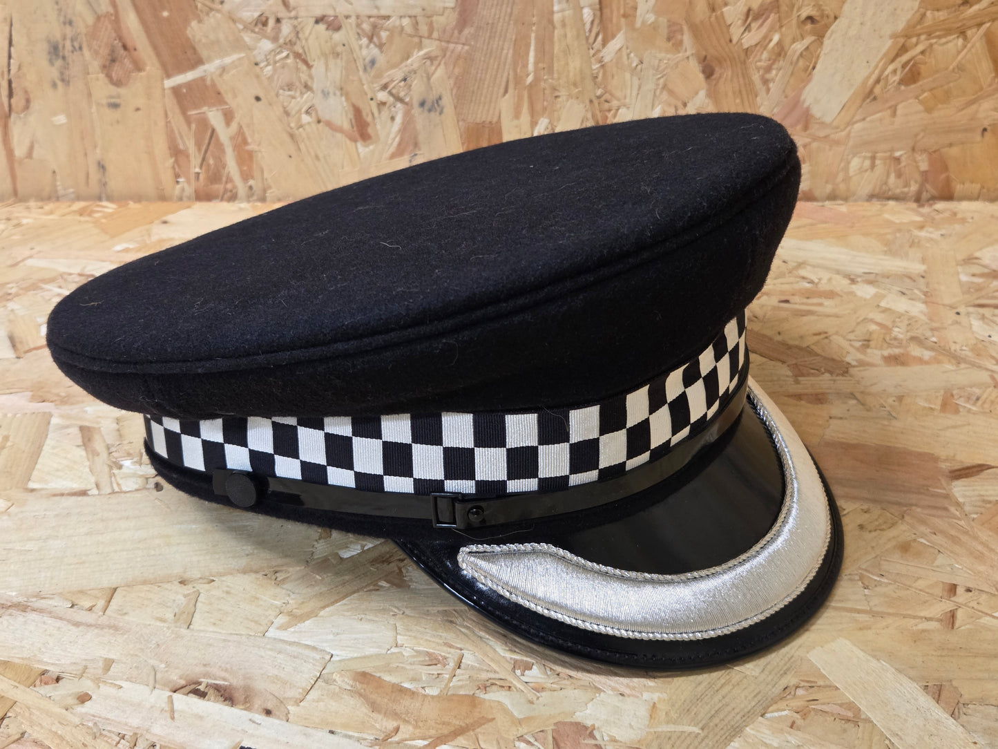 British Police Sergeant Black Silver Peaked Cap Black and White Band