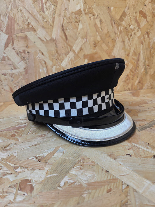 British Police Sergeant Black Silver Peaked Cap Black and White Band