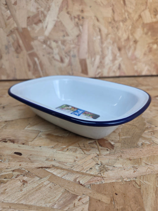 Enamel Pie Dish White and Blue Camping Picnic Caravan Enamel Bowl Falcon 20cm x 15cm x 4.5cm