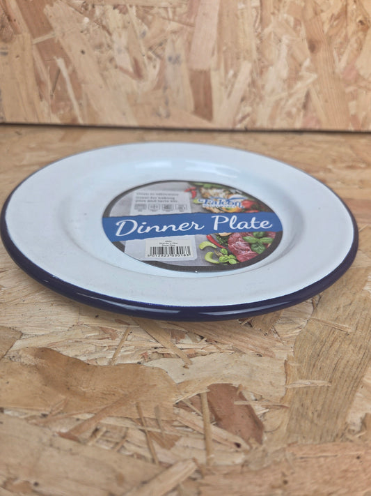 Enamel Dinner Plate White and Blue Camping Picnic Caravan Enamel Meal Dish Falcon 20cm x 1.5cm