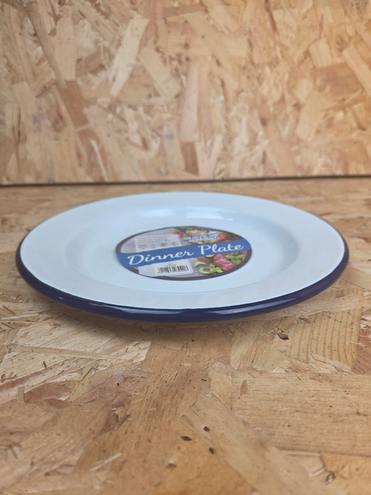 Enamel Dinner Plate White and Blue Camping Picnic Caravan Enamel Meal Dish Falcon 24cm x 2cm