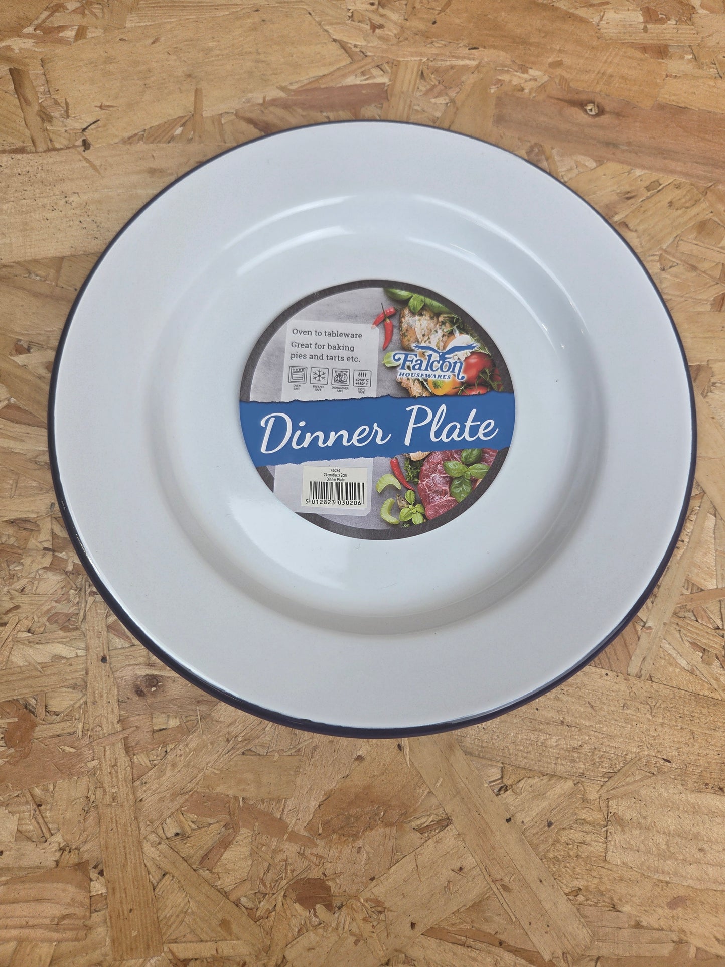Enamel Dinner Plate White and Blue Camping Picnic Caravan Enamel Meal Dish Falcon 24cm x 2cm