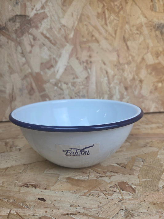 Enamel Mixing Bowl White and Blue Camping Picnic Caravan Enamel Dish Basin Falcon 18cm