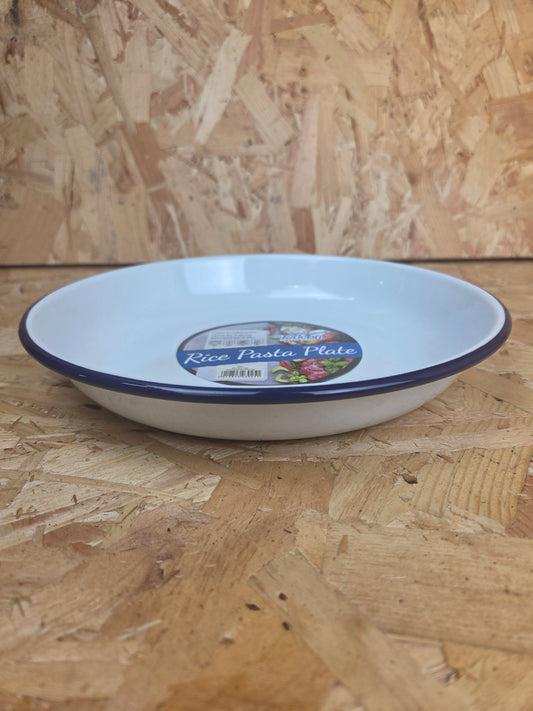 Enamel Rice Pasta Dinner Plate White and Blue Camping Picnic Caravan Enamel Meal Dish Falcon 24cm x 4cm
