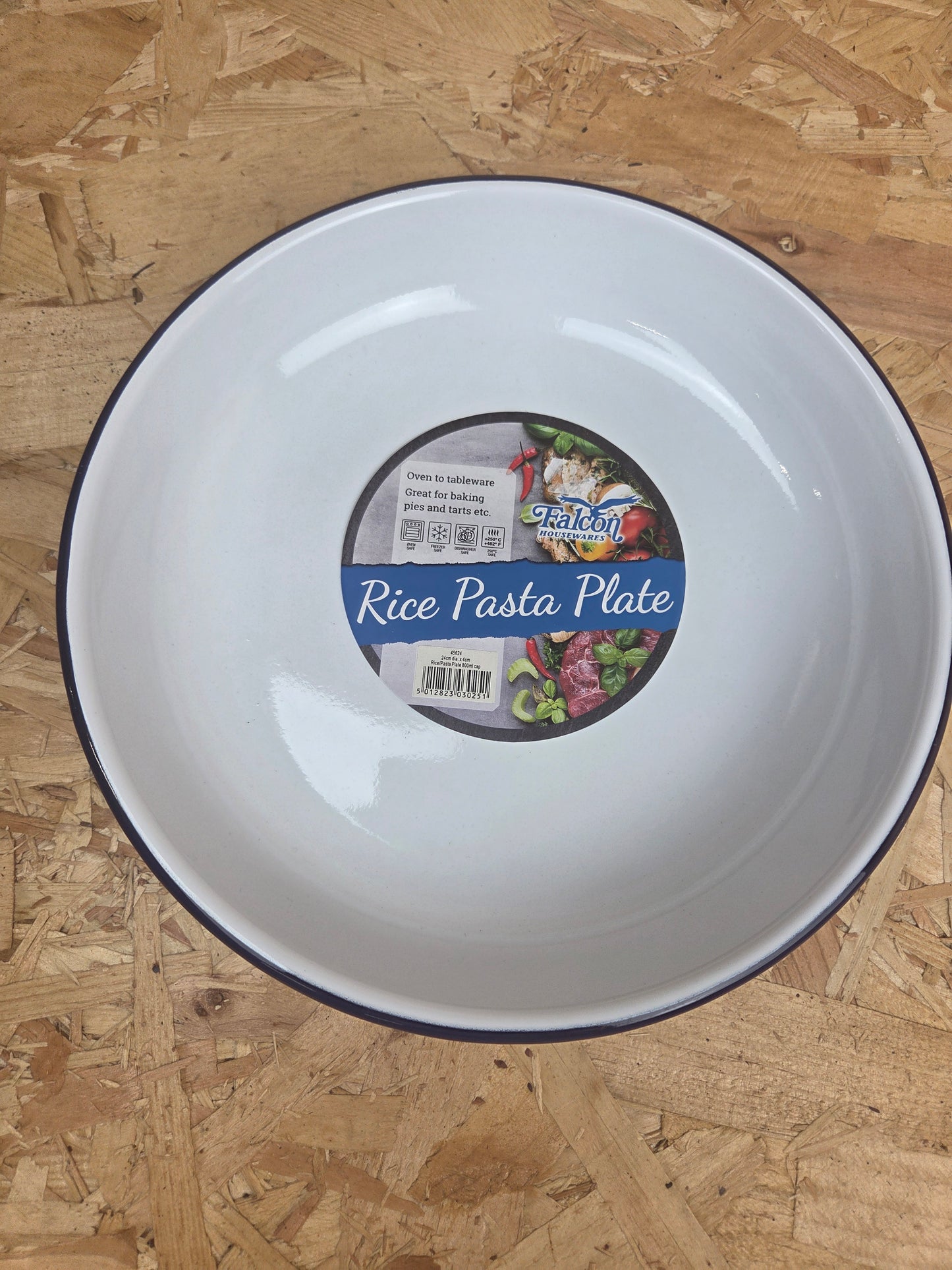 Enamel Rice Pasta Dinner Plate White and Blue Camping Picnic Caravan Enamel Meal Dish Falcon 24cm x 4cm