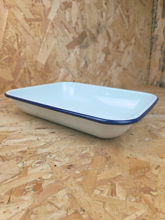 Enamel Bakepan White and Blue Camping Roasting Tin Tray Picnic Caravan Enamel Bowl Falcon 31cm x 25cm x 5cm