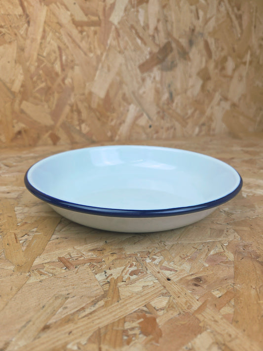 Enamel Rice Pasta Dinner Plate White and Blue Camping Picnic Caravan Enamel Meal Dish Falcon 22cm x 3.5cm