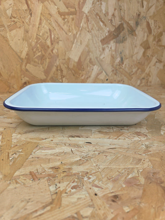 Enamel Bakepan White and Blue Camping Roasting Tin Tray Picnic Caravan Enamel Bowl Falcon 28cm x 23cm x 4.5cm 1250ml