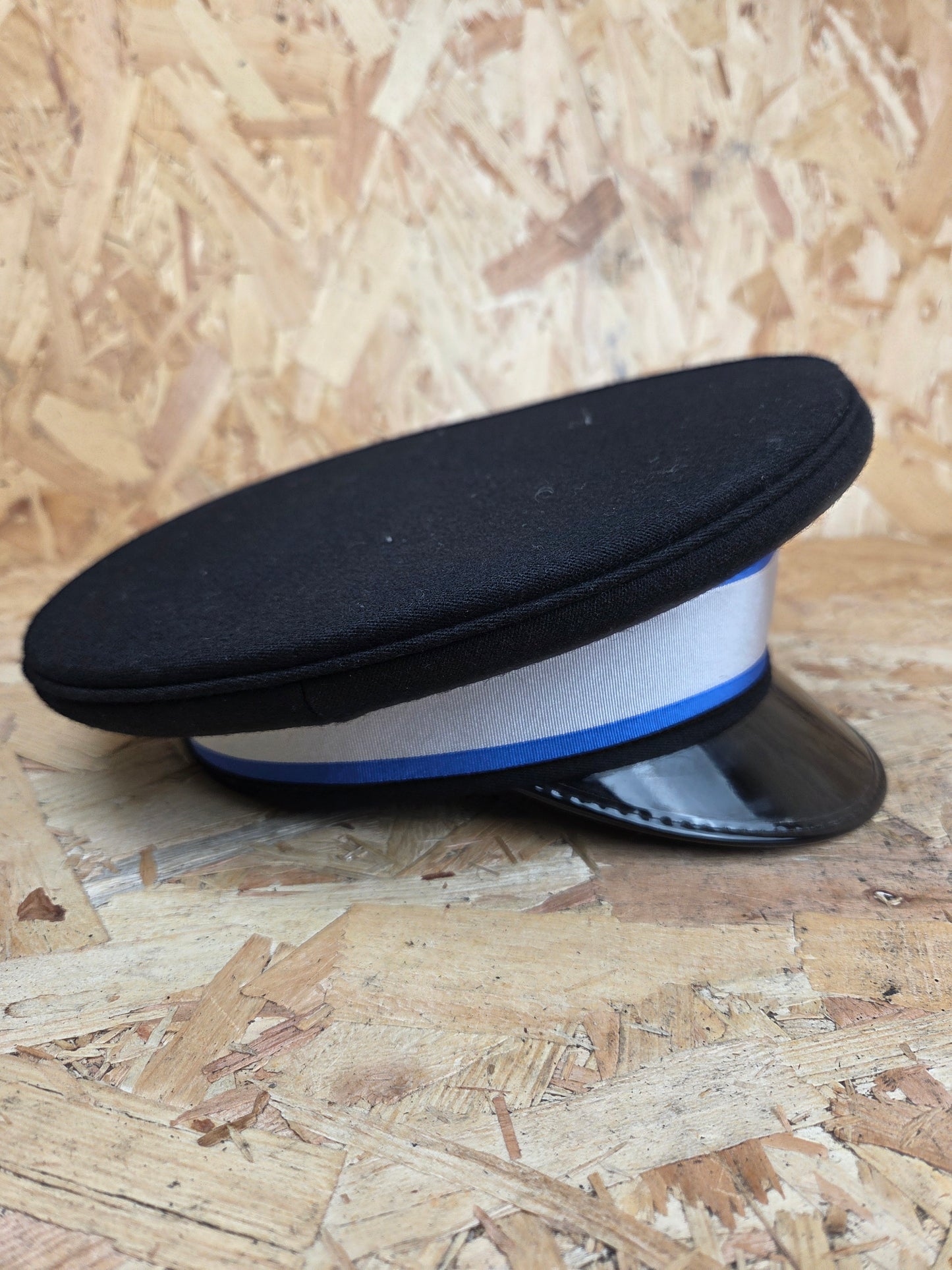 British Police Volunteer Cadet Black Peaked Cap Royal Blue and White Band Bobby Hat Fancy Dress TV Film Theatre Size 58