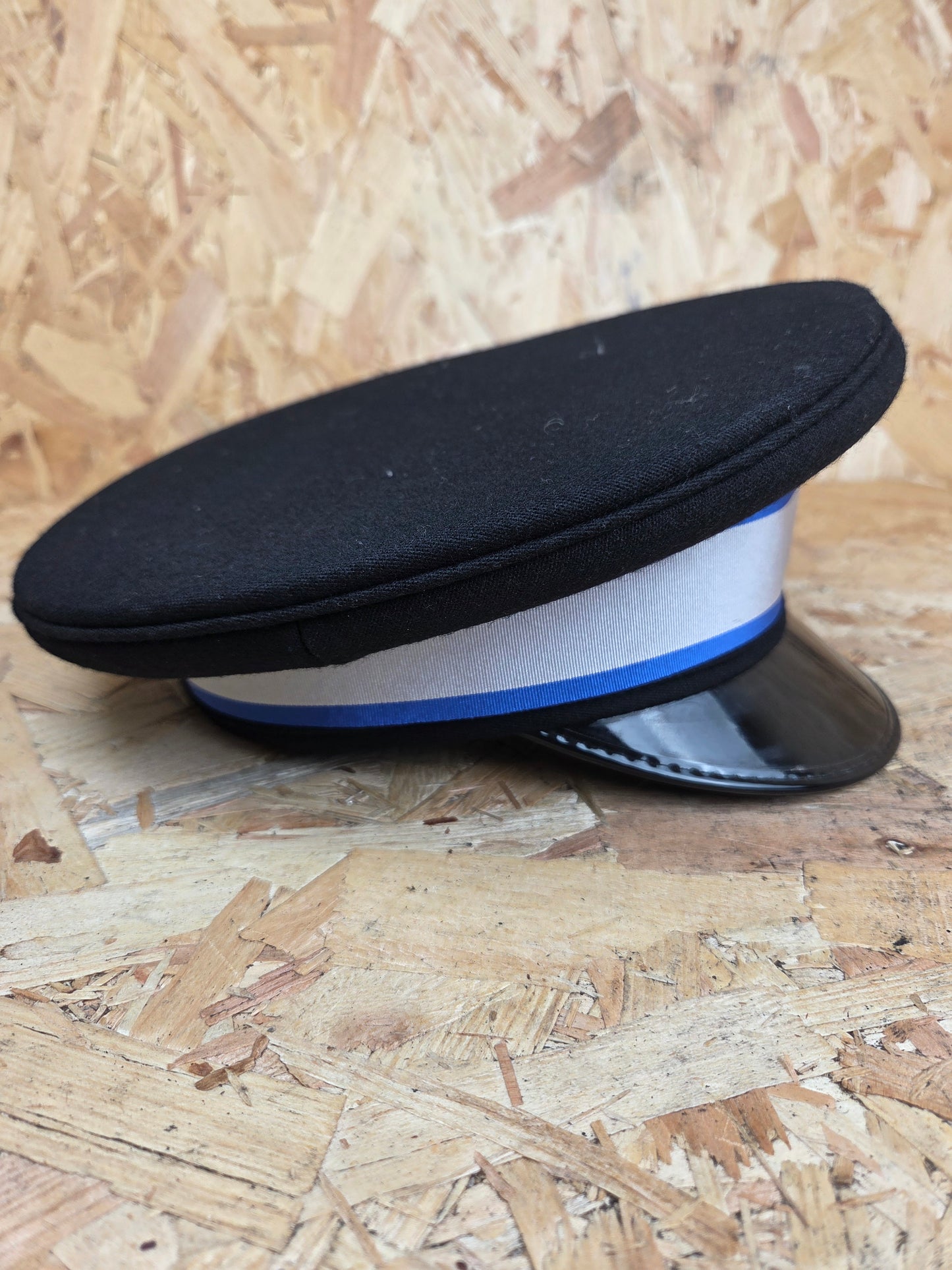 British Police Volunteer Cadet Black Peaked Cap Royal Blue and White Band Bobby Hat Fancy Dress TV Film Theatre Size 58