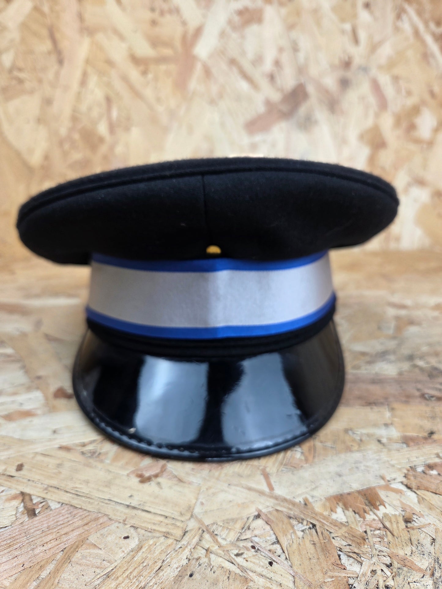 British Police Volunteer Cadet Black Peaked Cap Royal Blue and White Band Bobby Hat Fancy Dress TV Film Theatre Size 58