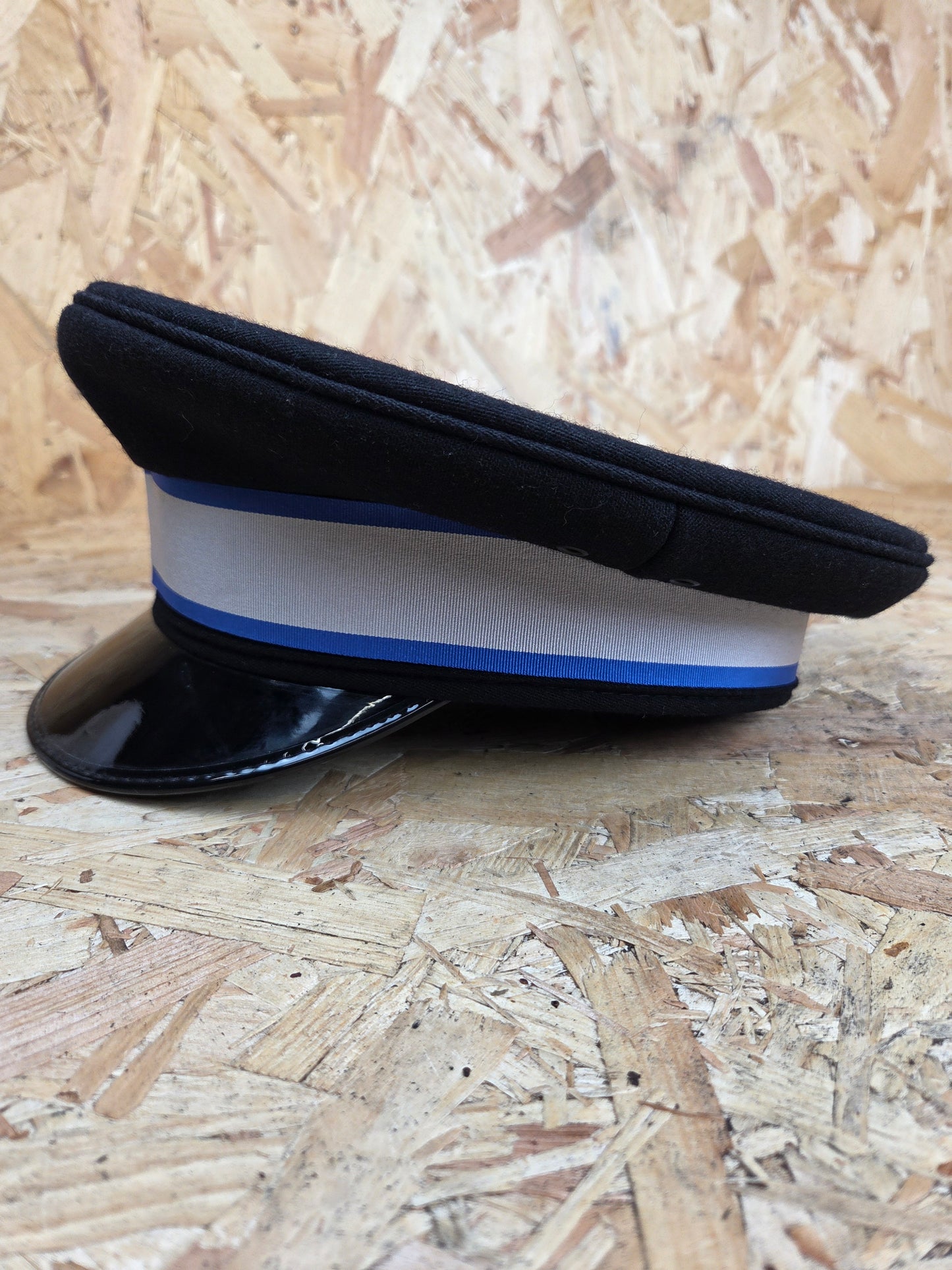 British Police Volunteer Cadet Black Peaked Cap Royal Blue and White Band Bobby Hat Fancy Dress TV Film Theatre Size 58