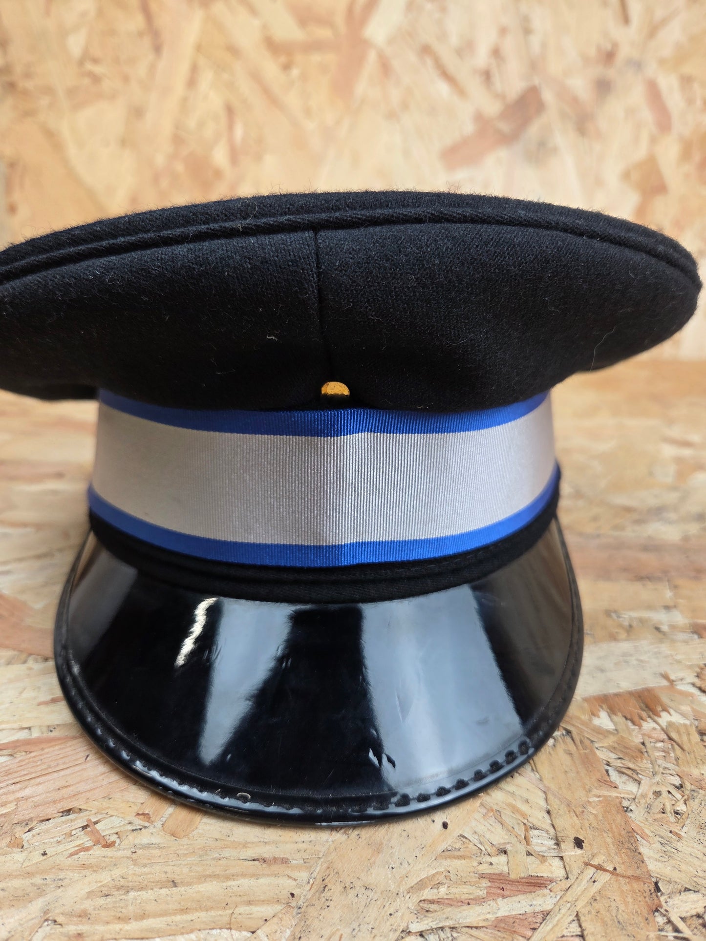 British Police Volunteer Cadet Black Peaked Cap Royal Blue and White Band Bobby Hat Fancy Dress TV Film Theatre Size 58