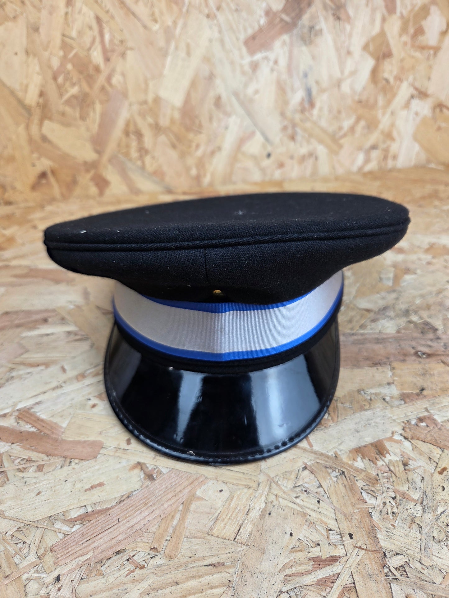 British Police Volunteer Cadet Black Peaked Cap Royal Blue and White Band Bobby Hat Fancy Dress TV Film Theatre Size 58