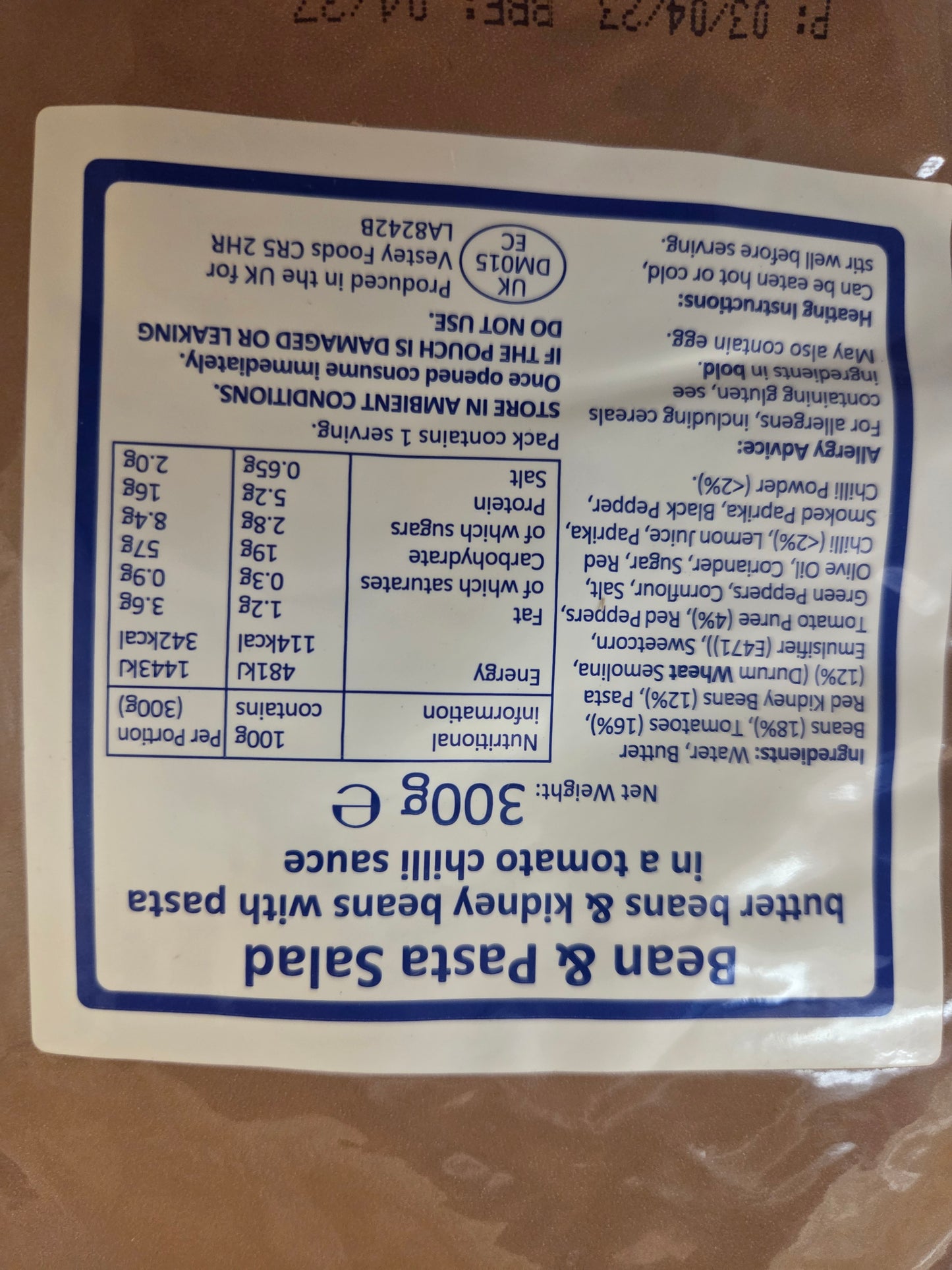British Military Style Ration - Bean & Pasta Salad 300g Ready to Eat Meal