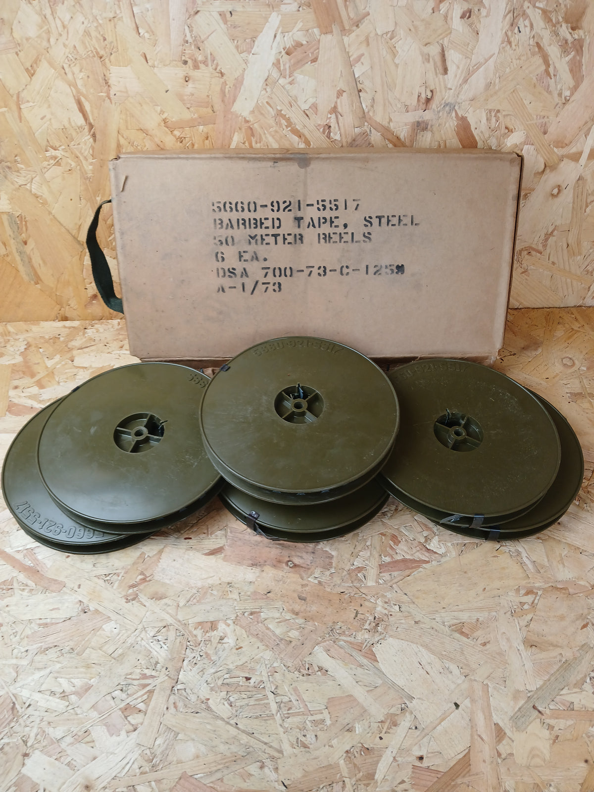 Genuine American Military Surplus Steel Barbed Wire Tape - 6 x 50m Reel Olive Green