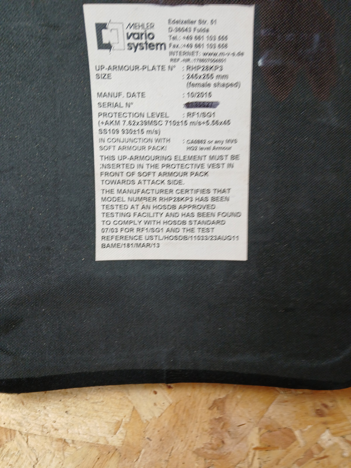 Mehler Female Ballistic Plate - Level RF1/SG1 - 245x285mm - RHP28KP3