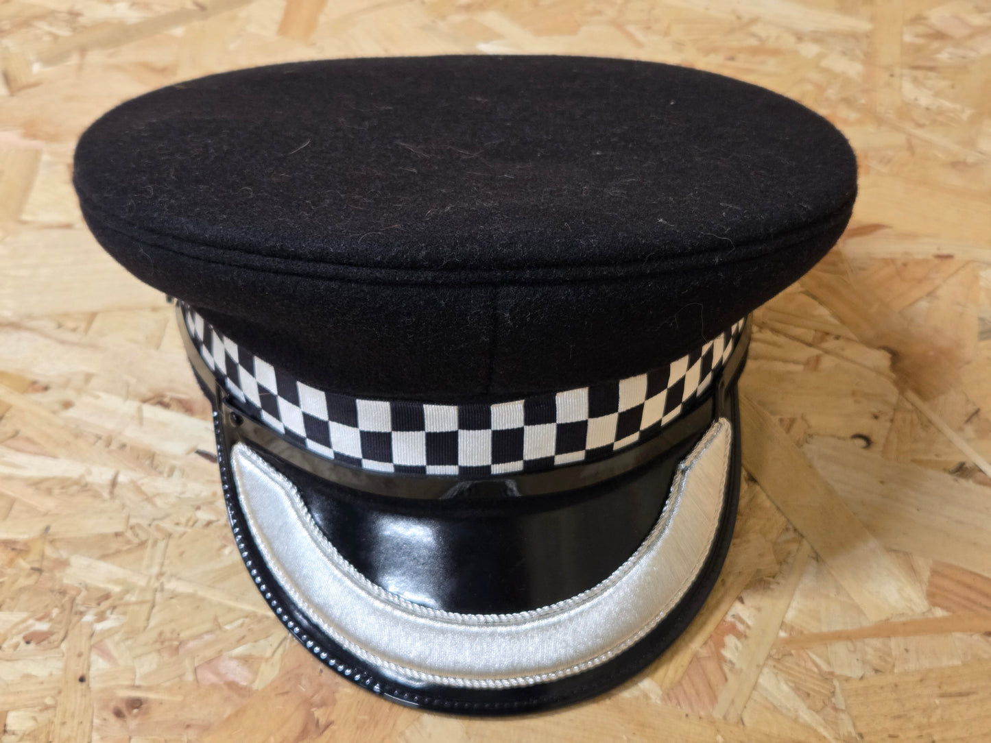 British Police Sergeant Black Silver Peaked Cap Black and White Band