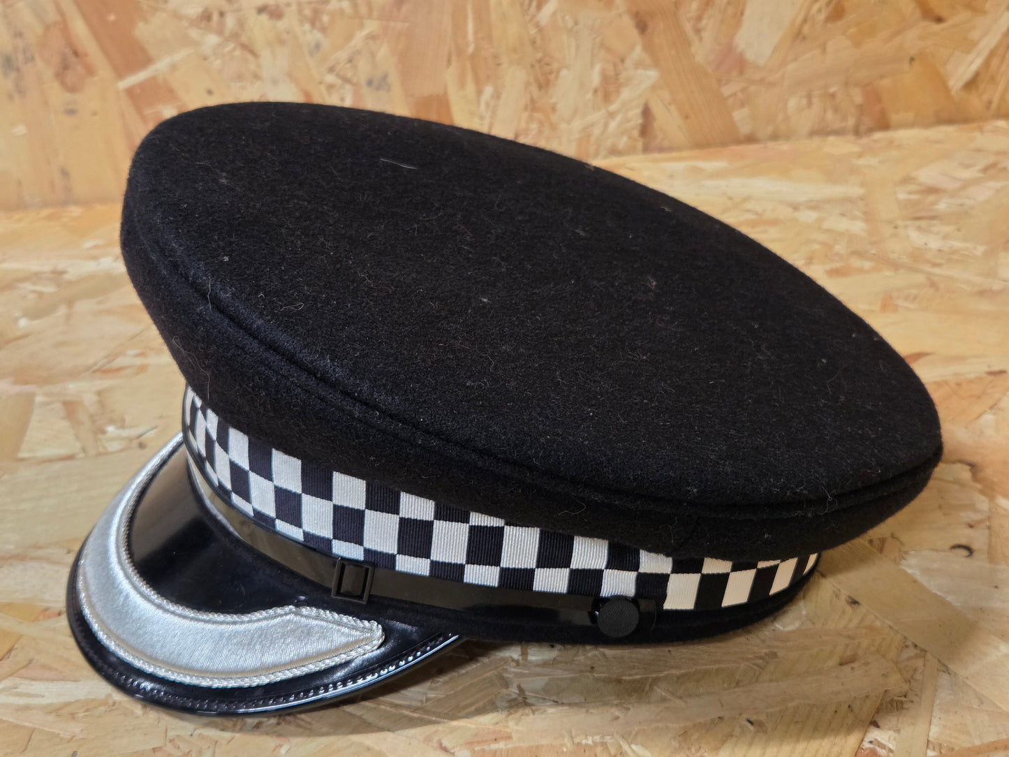 British Police Sergeant Black Silver Peaked Cap Black and White Band